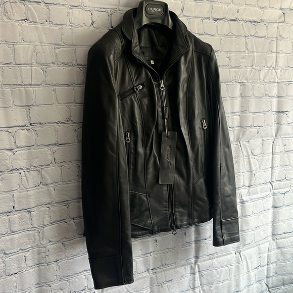 Italian Black Leather Zip Up Jacket Made by CURGÈ‎ size Woman LG or EU 46 NWT W6 - Picture 4 of 10